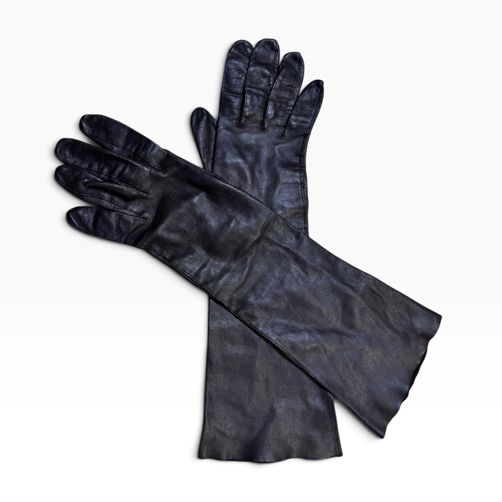 Vintage Black Leather Opera Gloves Long Formal Evening Dress Gloves Womens M